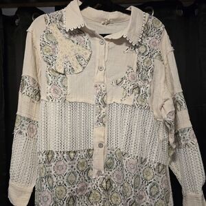 POL Vintage-Inspired Lace Patchwork Shirt with Peace Sign N Stars